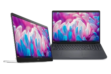A Dell Pro 14 Plus Portable Monitor next to a Dell Pro Max 16 Laptop computer.