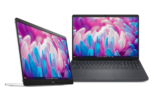 A Dell Pro 14 Plus Portable Monitor next to a Dell Pro Max 16 Laptop computer.