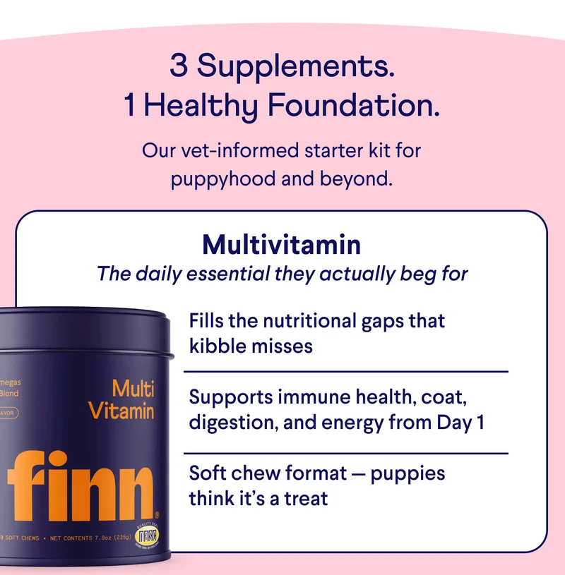 TEXT: 3 Supplements. 1 Healthy Foundation. Our vet-informed starter kit for puppyhood and beyond. Multivitamin The daily essential they actually beg for Fills the nutritional gaps that kibble misses  Supports immune health, coat, digestion, and energy from Day 1  Soft chew format — puppies think it’s a treat