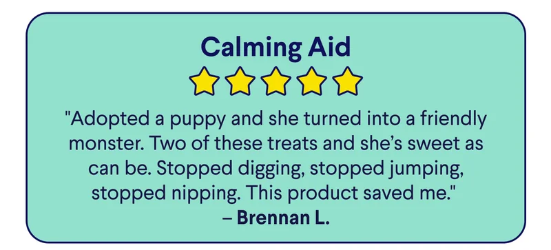 5 Star Customer Review – Calming Aid: "Adopted a puppy and she turned into a friendly monster. Two of these treats and she’s sweet as can be. Stopped digging, stopped jumping, stopped nipping. This product saved me."  – Brennan L.