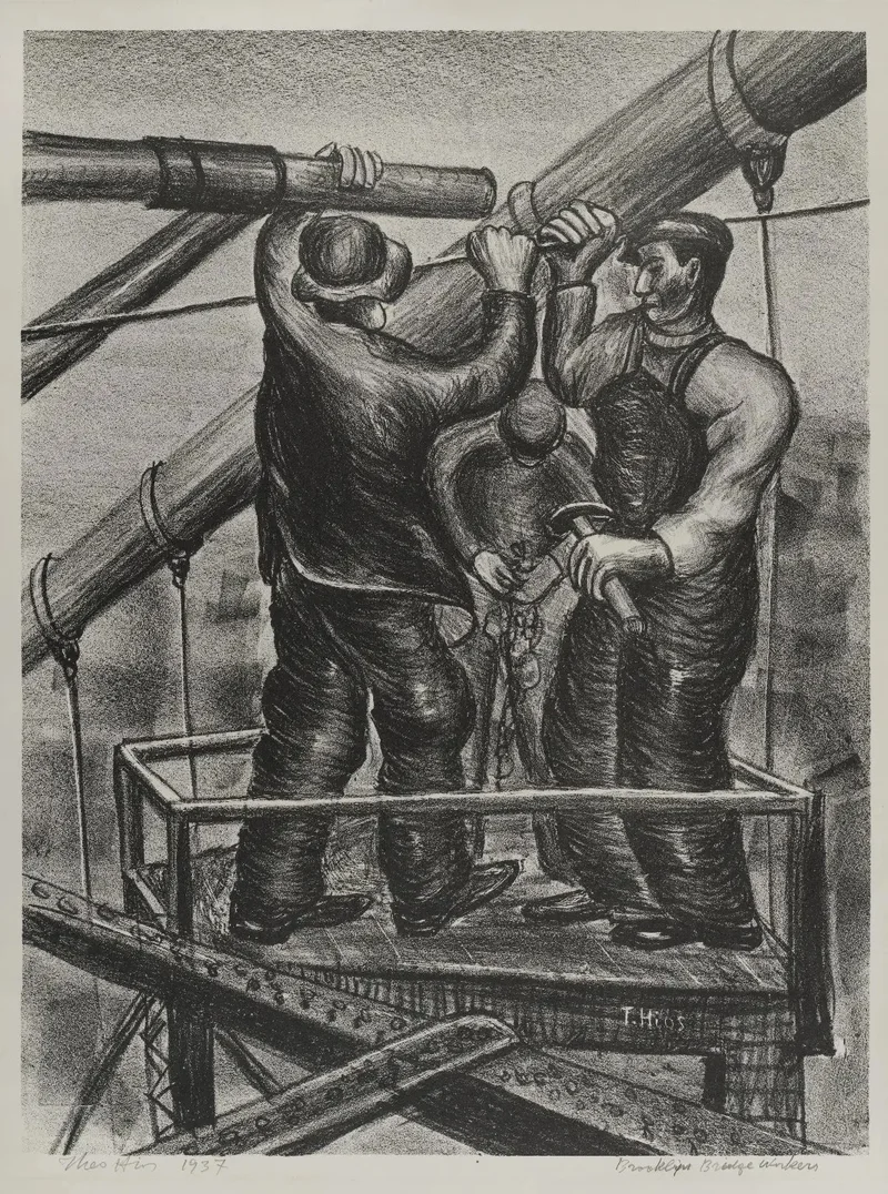 Sketch of workers on the Brooklyn Bridge