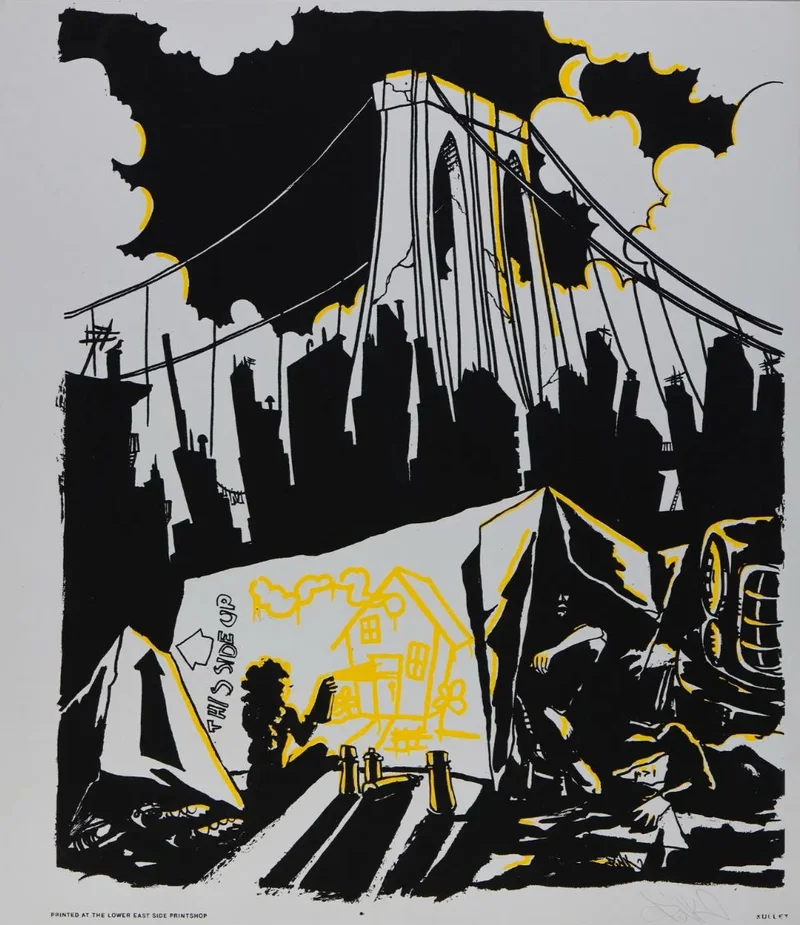 Black-and-white print of the Brooklyn Bridge with yellow accents