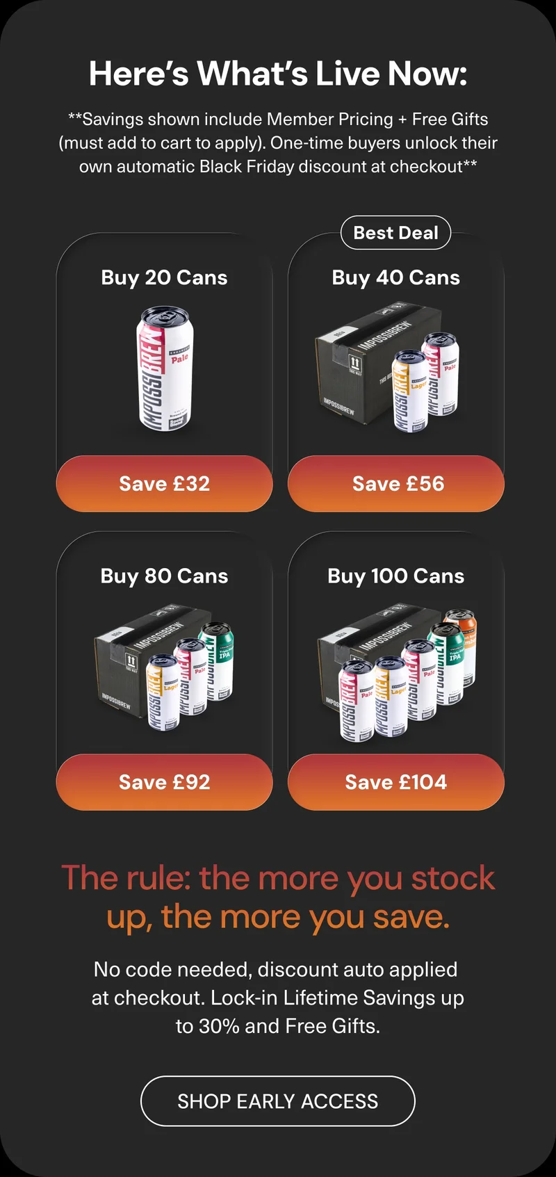 Here’s what’s live now: **Savings shown include Member Pricing + Free Gifts (must add to cart to apply). One-time buyers unlock their own automatic Black Friday discount at checkout**  Buy 20 cans → Save up to £32 • Buy 40 cans → Save up to £56 • Buy 80 cans → Save up to £92 • Buy 100 cans → Save up to £104. The rule: the more you stock up, the more you save. No code needed, discount auto applied at checkout. Lock-in Lifetime Savings up to 30% and Free Gifts. Shop Early Access