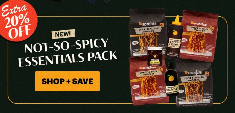 Header: NEW! Not-So-Spicy Essentials Pack CTA: SHOP + SAVE  BADGE: EXTRA 20% OFF
