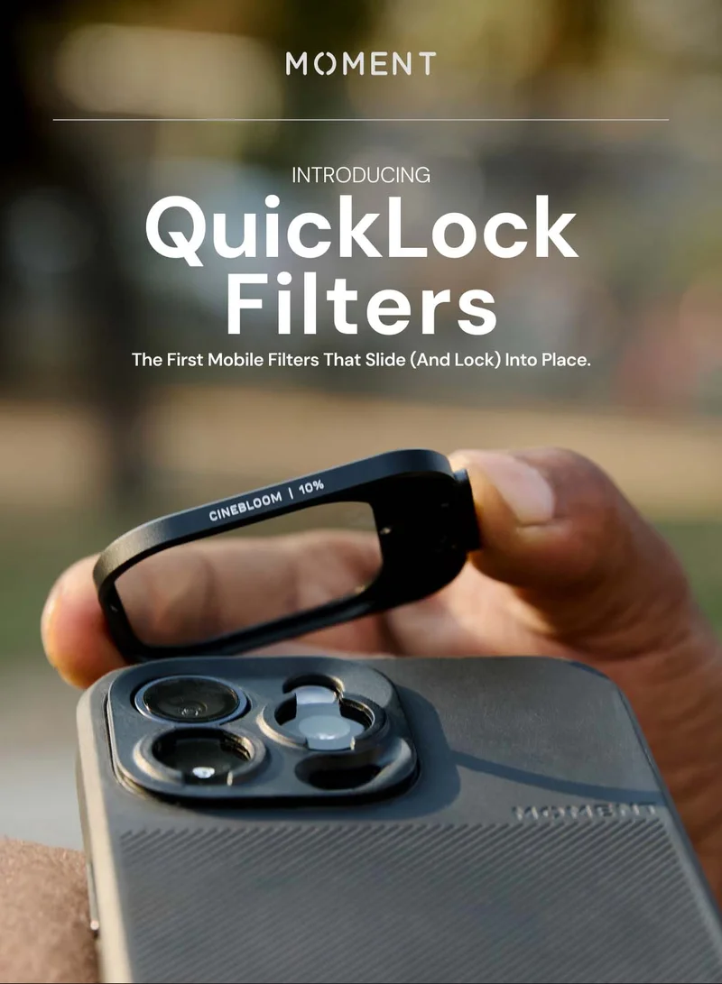 Introducing quicklock filters that slide and lock into place. Image of someone installing a quicklock filter onto the new moment iPhone case