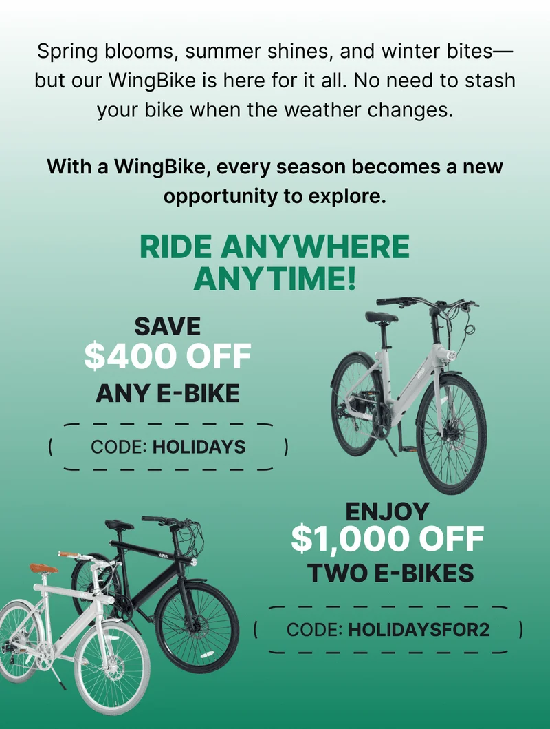 Spring blooms, summer shines, and winter bites—but our WingBike is here for it all. No need to stash your bike when the weather changes.