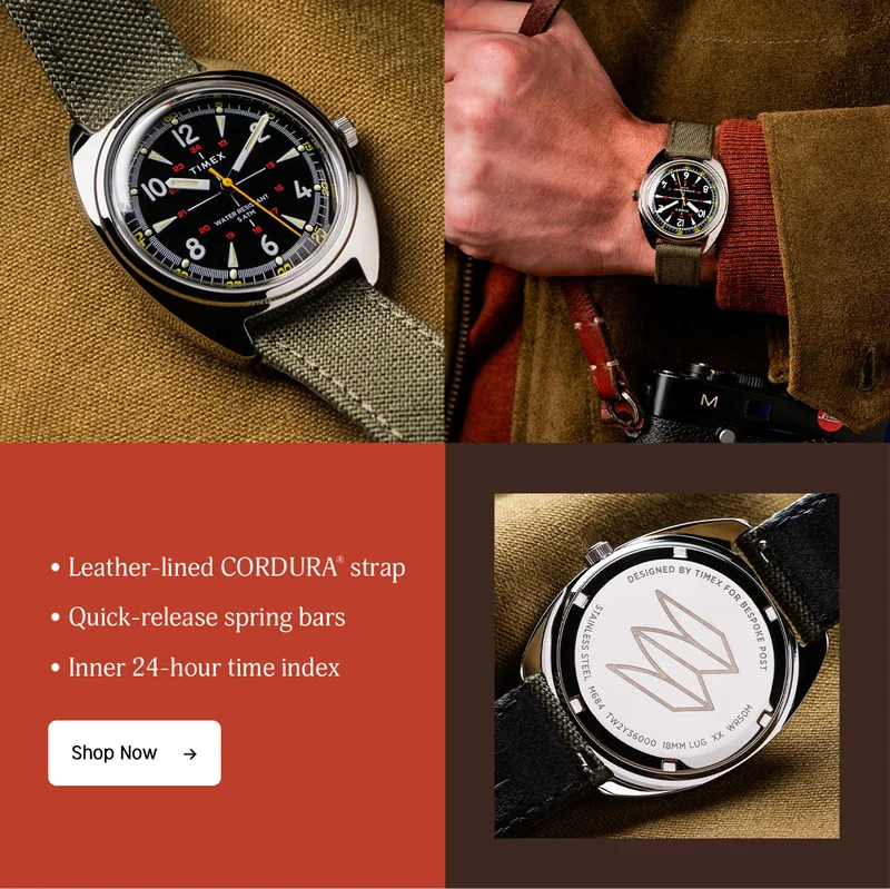 Leather-lined CORDURA strap | Quick-release spring bars | Inner 24-hour time index | Shop Now