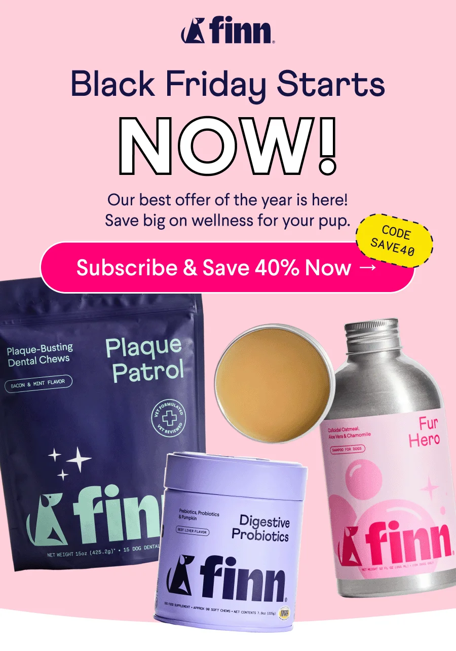 Finn logo. Text: Black Friday Starts NOW! Our best offer of the year is here! Save big on wellness for your pup. CTA: Subscribe & Save 40% Now → Code: SAVE40
