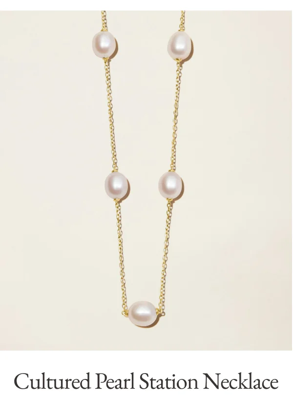 14k Solid Gold Cultured Pearl Station Necklace