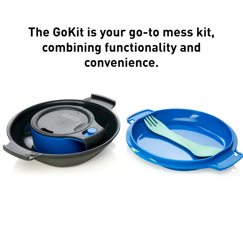 Image of a bowl with a cup inside, and a plate with a fork inside. Text that reads "The GoKit is your go-to mess kit, combining functionality and convenience. "