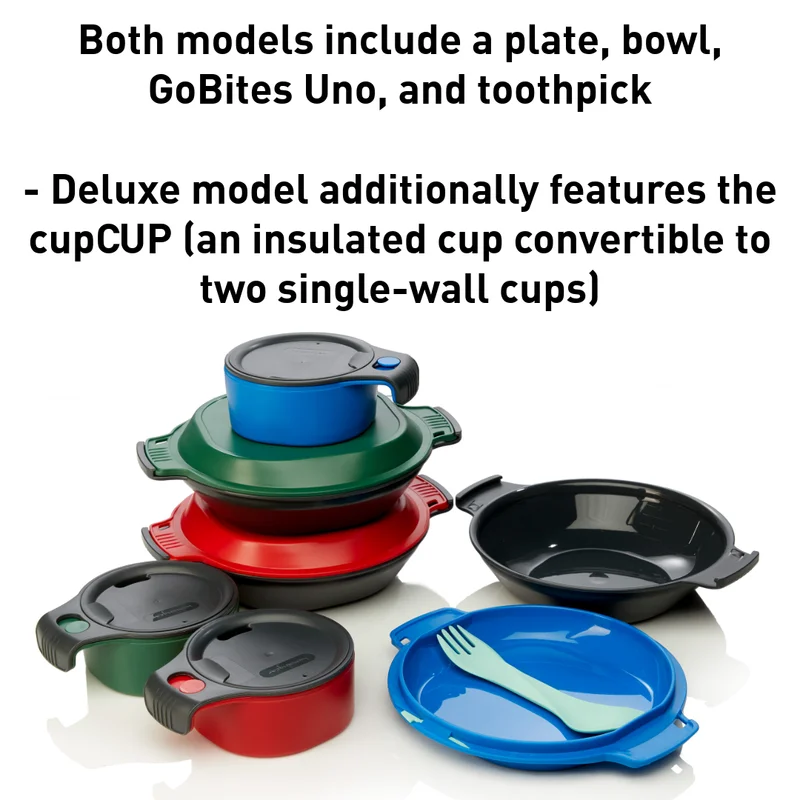 Multiple GoKits and text that reads "Both models include a plate, bowl, GoBites Uno, and toothpick  - Deluxe model additionally features the cupCUP (an insulated cup convertible to two single-wall cups)"