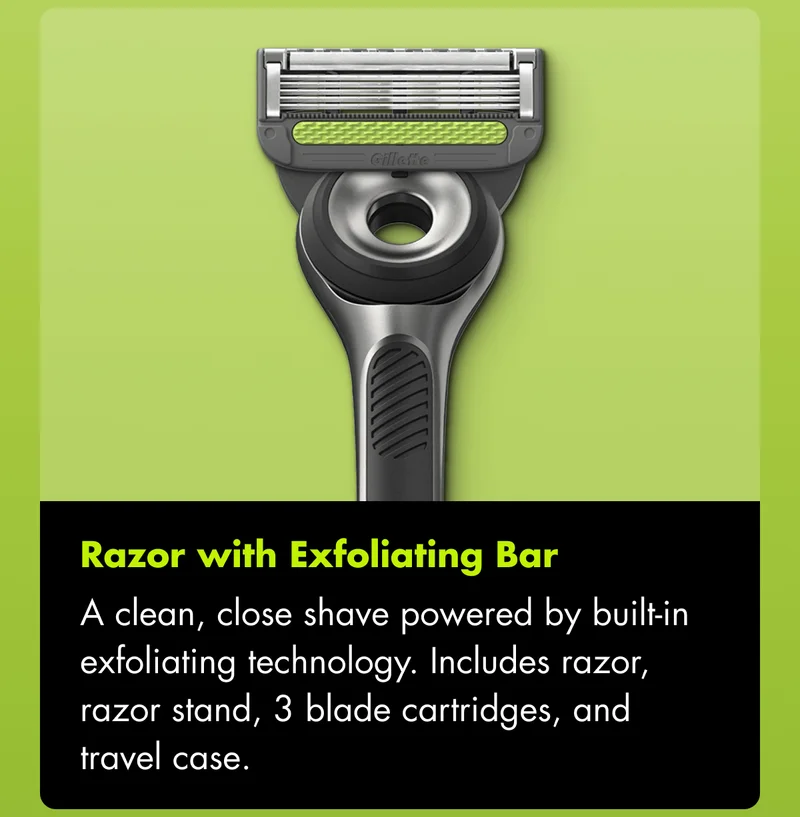 Razor with Exfoliating Bar - A clean, close shave powered by built-in exfoliating technology. Includes travel case and 3 blade refills.