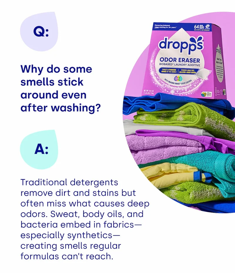 Why do some smells stick around even after washing? Traditional detergents remove dirt and stains but often miss what causes deep odors. Sweat, body oils, and bacteria embed in fabrics—especially synthetics—creating smells regular formulas can’t reach.