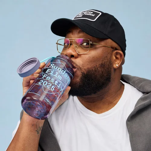 A model drinks from an SFF25 Nalgene water bottle.