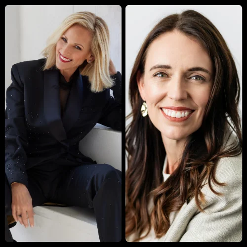 Marlee Matlin and Jacinda Ardern headshots.