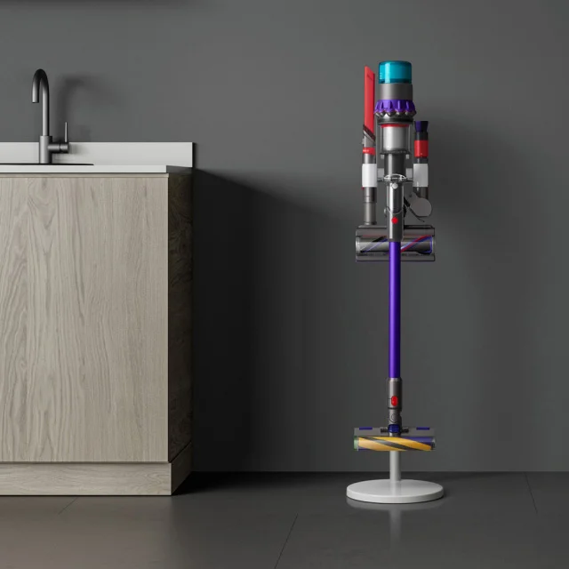Cordless vacuum and accessories on dock stand