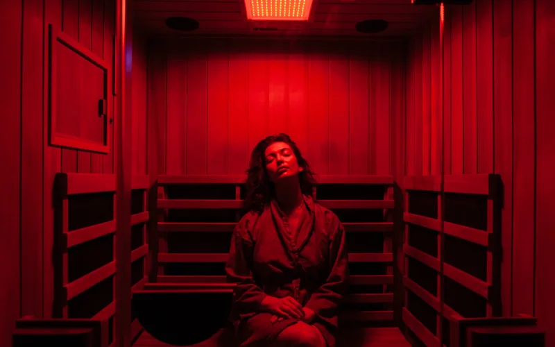 A woman sits in an infrared sauna—which uses light to create heat instead of electric heaters or steam—in New York City. Infrared technology is gaining popularity for its potential health benefits, from pain relief to improved sleep. But is it all hype?