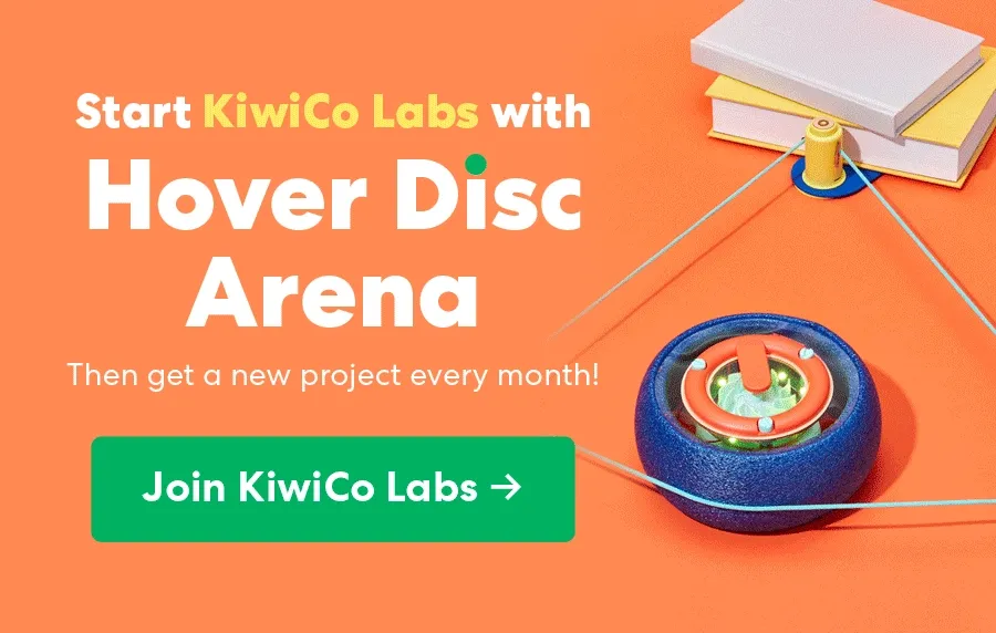 Join KiwiCo Labs → | Shows spinning hover disc racing around a simple arena built from string and sticks.