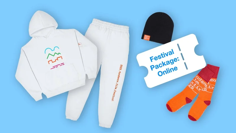 Various Sundance Film Festival merch items, like a hoodie, sweatpants, a beanie, a Festival Package: Online pass, and socks.