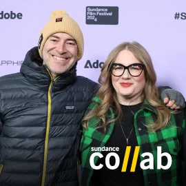 Fest alums Mark Duplass and Mel Eslyn smile on the press line at the 2024
Sundance Film Festival