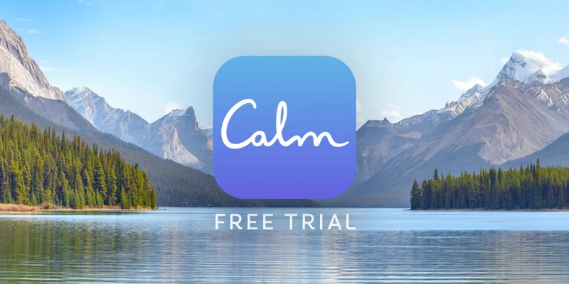 Calm logo tile with the words ‘free trial’ beneath it, placed over a scenic view of a calm lake flanked by lush forests and distant snowcapped mountains.
