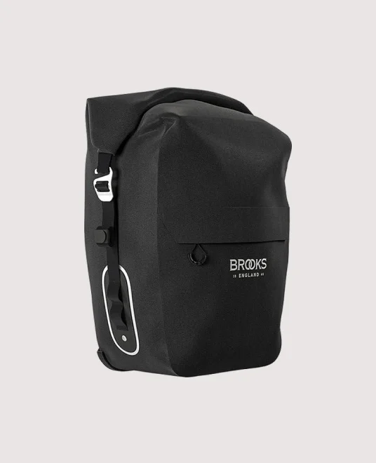 Black Brooks England pannier bag with reflective accents.