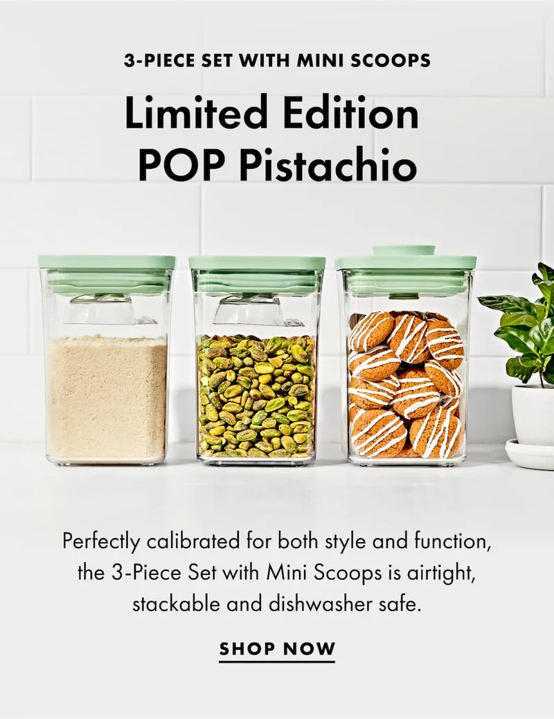3-Piece set with mini scoops. Limited Edition  POP Pistachio. Perfectly calibrated for both style and function, the 3-Piece Set with Mini Scoops is airtight, stackable and dishwasher safe. | SHOP NOW