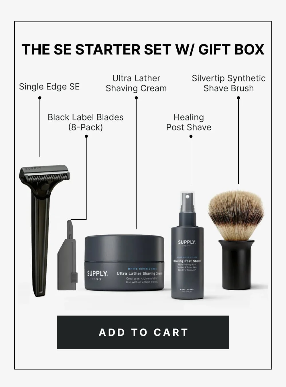 The SE Starter Set Includes:  Single Edge SE Black Label Blades (8-Pack) Ultra Lather Shaving Cream Healing Post Shave Silvertip Synthetic Shave Brush. [ ADD TO CART ]