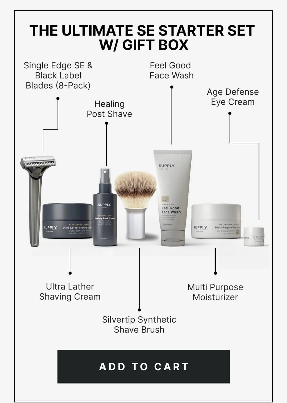 The Ultimate Starter Set Includes:  Single Edge SE Black Label Blades (8-Pack) Ultra Lather Shaving Cream Healing Post Shave Silvertip Synthetic Shave Brush Feel Good Face Wash Multi Purpose Moisturizer Age Defense Eye Cream. [ ADD TO CART ]