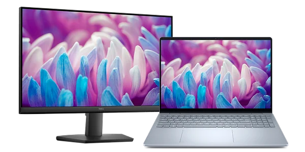 A Dell 24 Monitor next to a Dell 16 Plus Laptop computer.