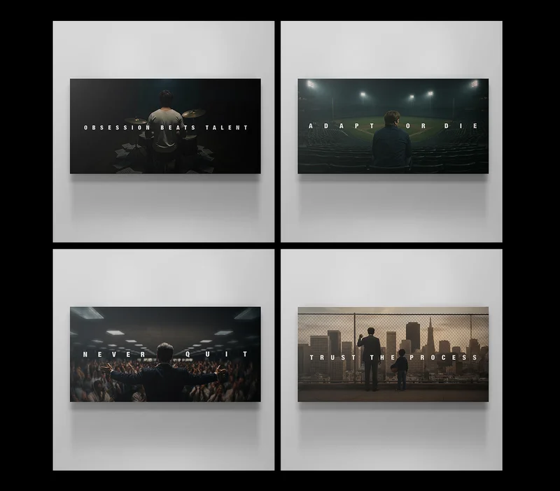 A set of four rectangular canvas art prints displayed on a white wall, arranged in a 2x2 grid. Each piece features a cinematic, motivational scene with bold text across the center: Top left: A drummer seen from behind, sitting at a drum kit in a dark room, with the words “OBSESSION BEATS TALENT.” Top right: A lone figure seated in an empty baseball stadium at night, facing the lit-up field, with the words “ADAPT OR DIE.” Bottom left: A man standing with arms raised toward a cheering crowd in a large hall, with the words “NEVER QUIT.” Bottom right: A man and child standing by a chain-link fence overlooking a city skyline at sunset, with the words “TRUST THE PROCESS.” A set of four rectangular canvas art prints displayed on a white wall, arranged in a 2x2 grid. Each piece features a cinematic, motivational scene with bold text across the center: Top left: A drummer seen from behind, sitting at a drum kit in a dark room, with the words “OBSESSION BEATS TALENT.” Top right: A lone figure seated in an empty baseball stadium at night, facing the lit-up field, with the words “ADAPT OR DIE.” Bottom left: A man standing with arms raised toward a cheering crowd in a large hall, with the words “NEVER QUIT.” Bottom right: A man and child standing by a chain-link fence overlooking a city skyline at sunset, with the words “TRUST THE PROCESS.”