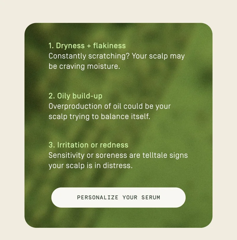 1.Dryness + flakiness 2.Oily build-up 3.Irritation or redness