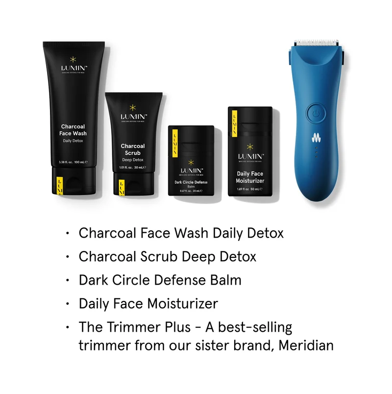Charcoal Face Wash, Charcoal Scrub, Dark Circle Defense Balm, Daily Face Moisturizer, The Trimmer Plus