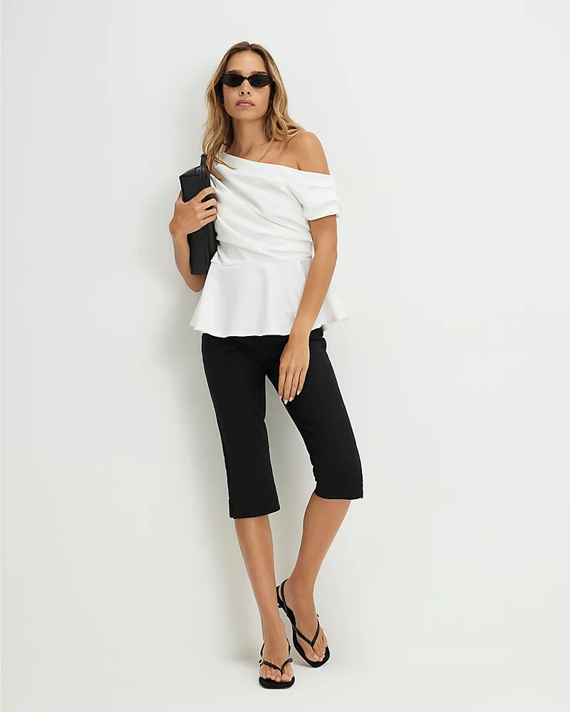 Womens Cream Short Sleeve Drape Peplum Top