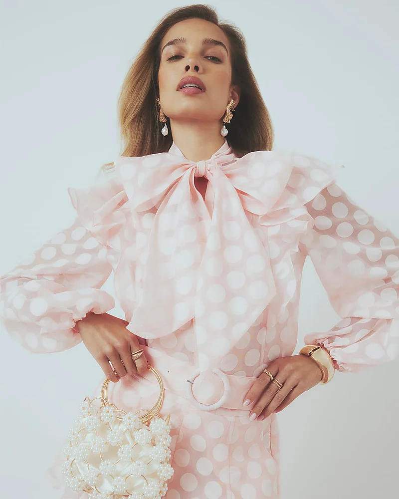 Womens Pink Pussybow Polka Dot Blouse
