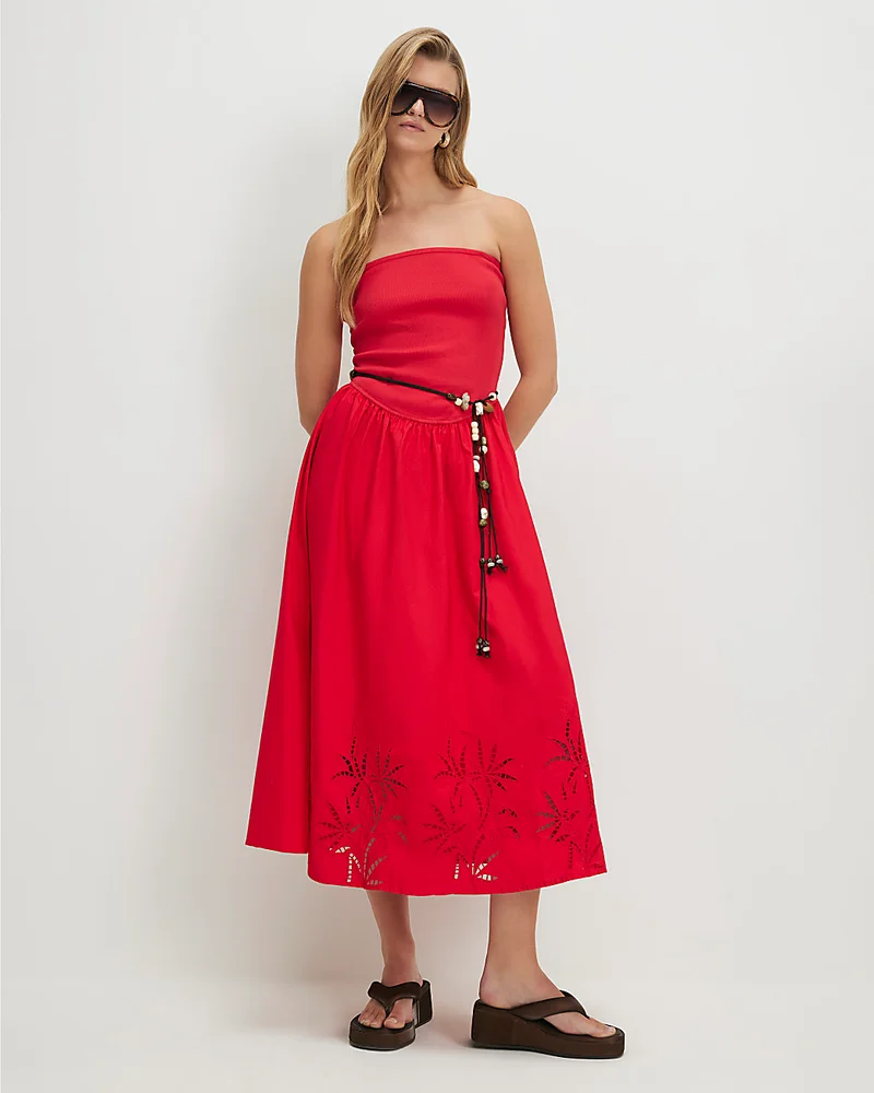 Womens Red Cotton Blend Bandeau Cutwork Hybrid Dress