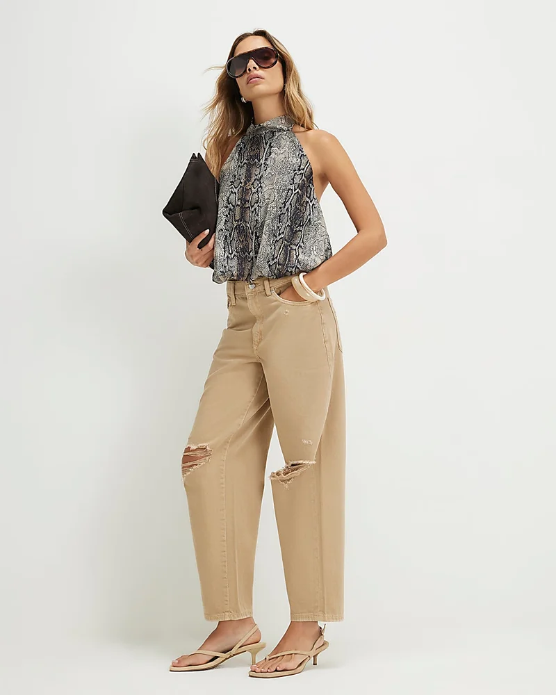 Womens Beige Ripped Barrel Leg Jeans