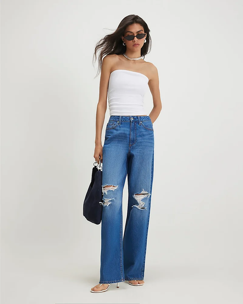 Womens Blue Ripped Relaxed Straight Leg Jeans