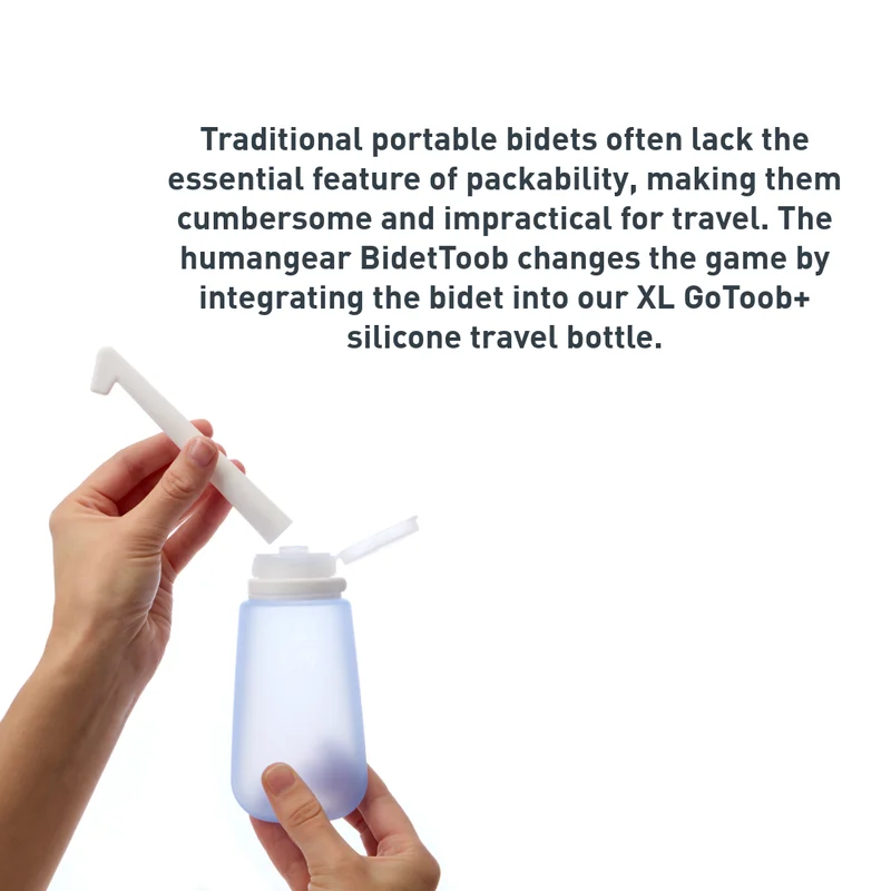 hands holding a bidettoob with the top funnel removed. There is text next to it that reads, "Traditional portable bidets often lack the essential feature of packability, making them cumbersome and impractical for travel. The humangear BidetToob changes the game by integrating the bidet into our XL GoToob+ silicon travel bottle."