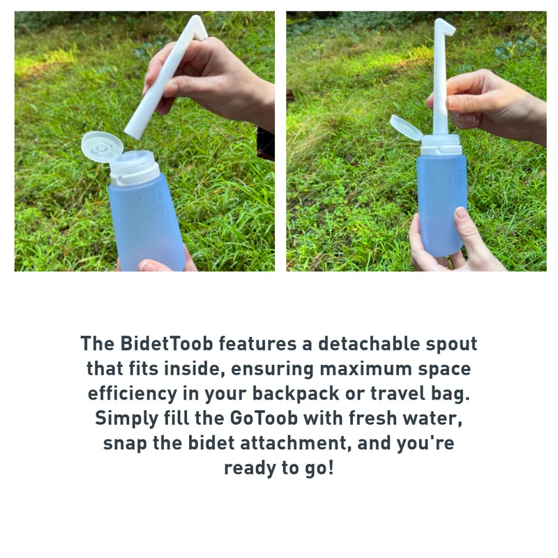Two images of the bidettoob with the top nozzle on and off the main body. Text next to it reads "The BidetToob features a detachable spout that fits inside, ansuring maximum space efficiency in your backpack or travel bag. SImply fill the GoToob with fresh water, snap the bidet attachment, and you're ready to go!"
