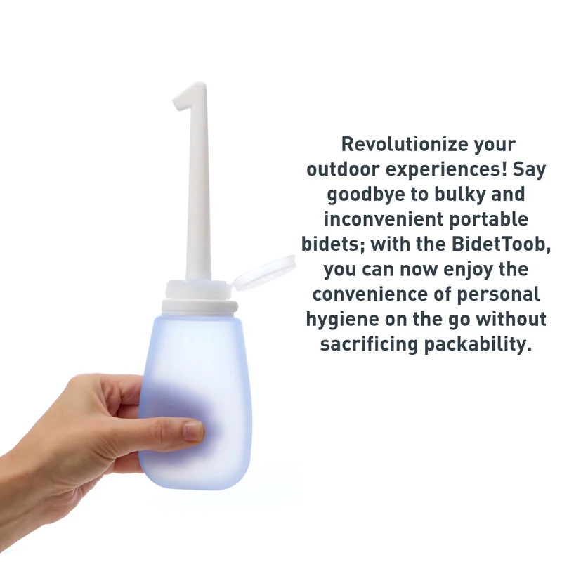 A hand sqeezing a BidetToob with a paragraph next to it that reads "Revolutionize your outdoor experiences! Say goodbye to bulky and inconvenient portable bidets; with the BidetToob, you can now enjoy the convenience of personal hygiene on the go without sacrificing packability"