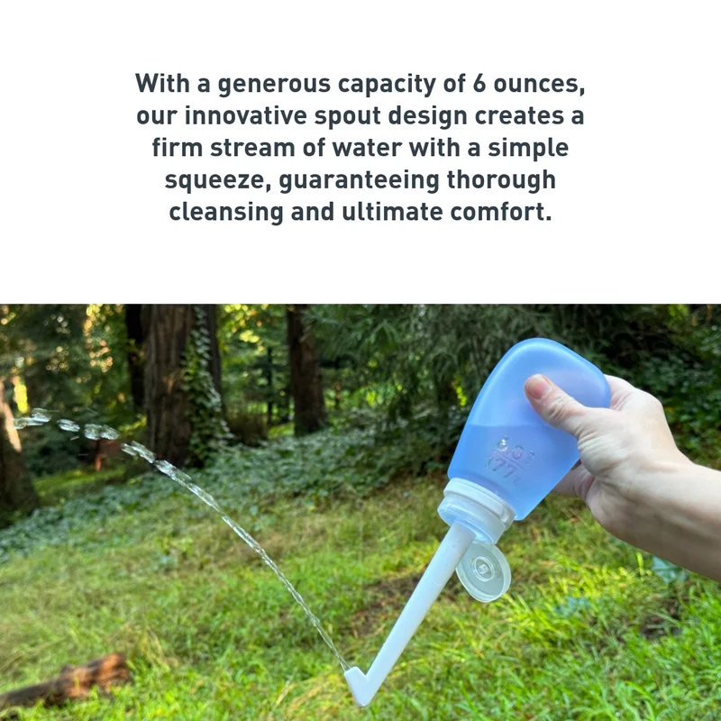 The bidettoob being sqeezed and spraying water. Text reads, " With a generous capacity of 6 ounces, our innovative spout designn creates a firm stream of water with a simple squeeze, guaranteeing thorough cleansing and ultimate comfort.