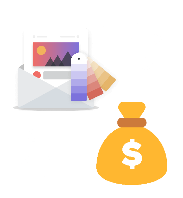 An email coming out of an envelope with design color swatches and a sack of money.
