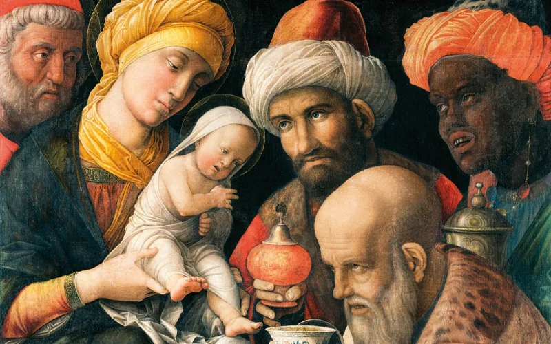 Mary presents the infant Jesus to the magi, who offer gold coins in a porcelain cup, an agate vessel of myrrh, and a censer of frankincense in this work by Andrea Mantegna, painted in 1495-1505. The painting is now at the J. Paul Getty Museum in Los Angeles.