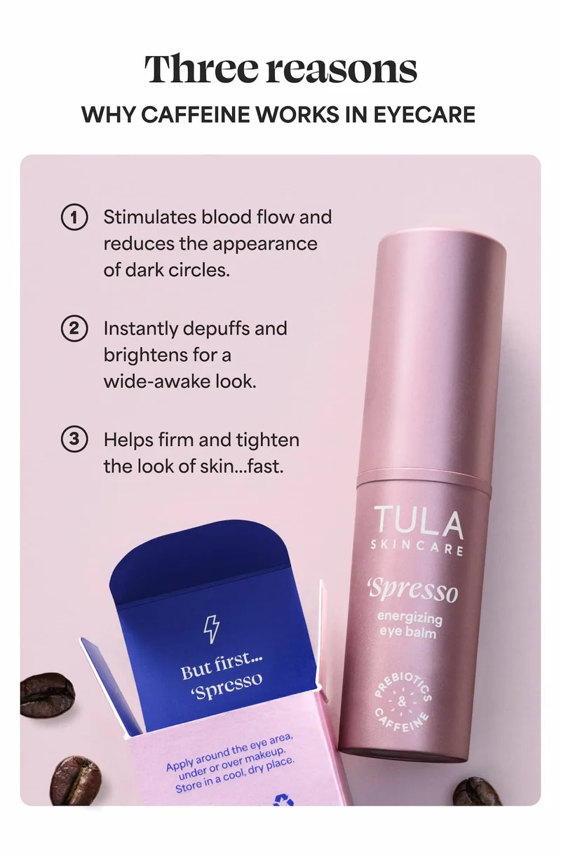 Three reasons WHY CAFFEINE WORKS IN EYECARE 1. Stimulates blood flow and reduces the appearance of dark circles.  2. Instantly depuffs and brightens for a wide-awake look.  3. Helps firm and tighten the look of skin...fast.