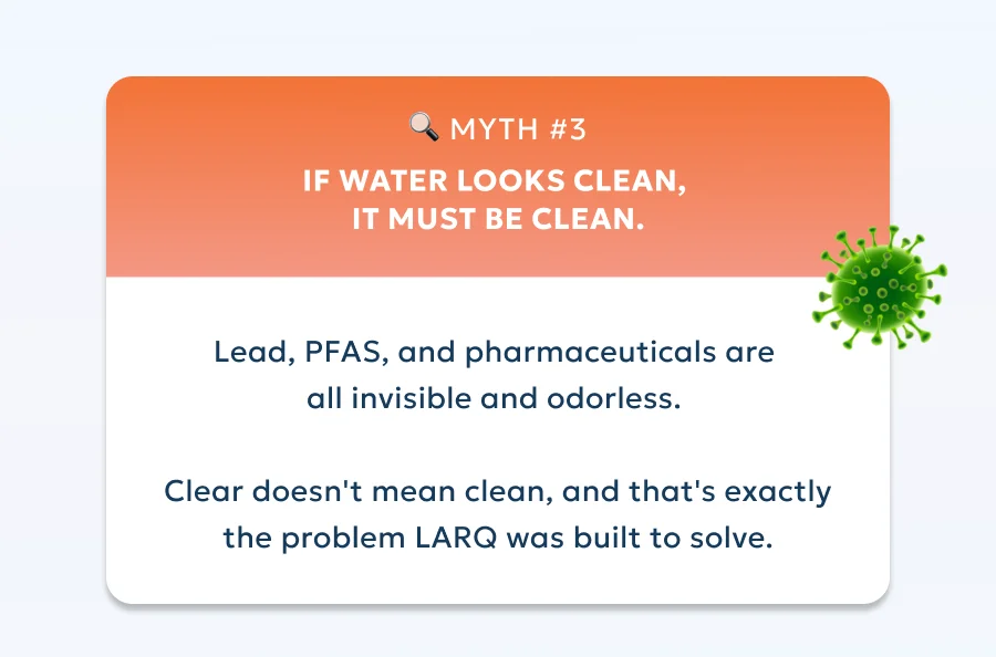 Myth #3: If water looks clean,  it must be clean. Thirst is actually a late signal  of dehydration. ✅ Fact Lead, PFAS, and pharmaceuticals are  all invisible and odorless.   Clear doesn't mean clean, and that's exactly the problem LARQ was built to solve.