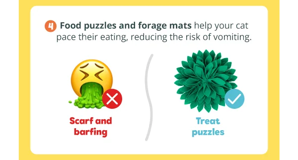 4. Food puzzles and forage mats help your cat pace their eating, reducing the risk of vomiting. Scarf and barfing—> Treat puzzles.
