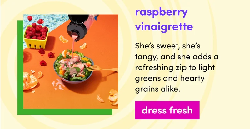 Adding a dressing to a salad bowl, surrounded by more fruits
