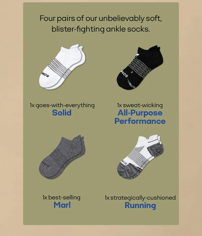 Four pairs of our unbelievably soft, blister-fighting ankle socks.