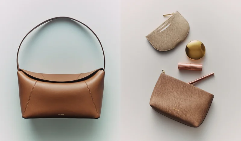 Forma Shoulder Bag Chestnut, Cardholder Stone, Nano Zipper Pouch Cappuccino